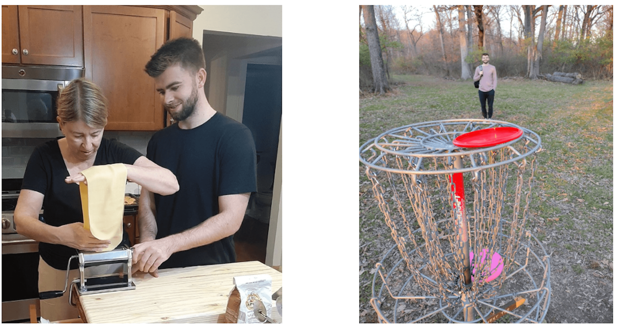 On the left, Ian and his mother making pasta using a pasta roller. On the right, A disc-golf basket containing a frisbee is in the foreground, and a man carry a bag stands in the background in front a wooded area.